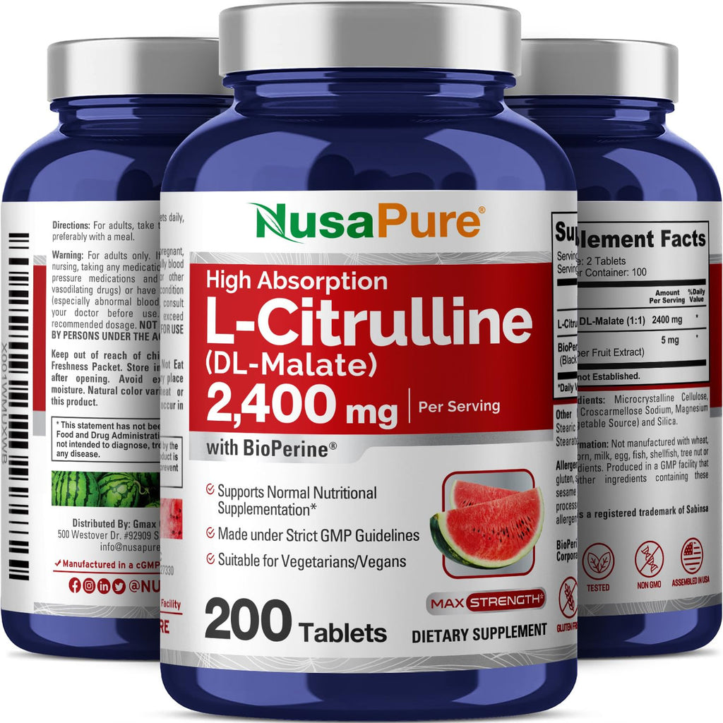 NusaPure L-Citrulline 2,400mg 200 Vegetarian Tablets (Non-GMO, Gluten Free, 100-Day Supply, Bioperine) NusaPure Au supplements