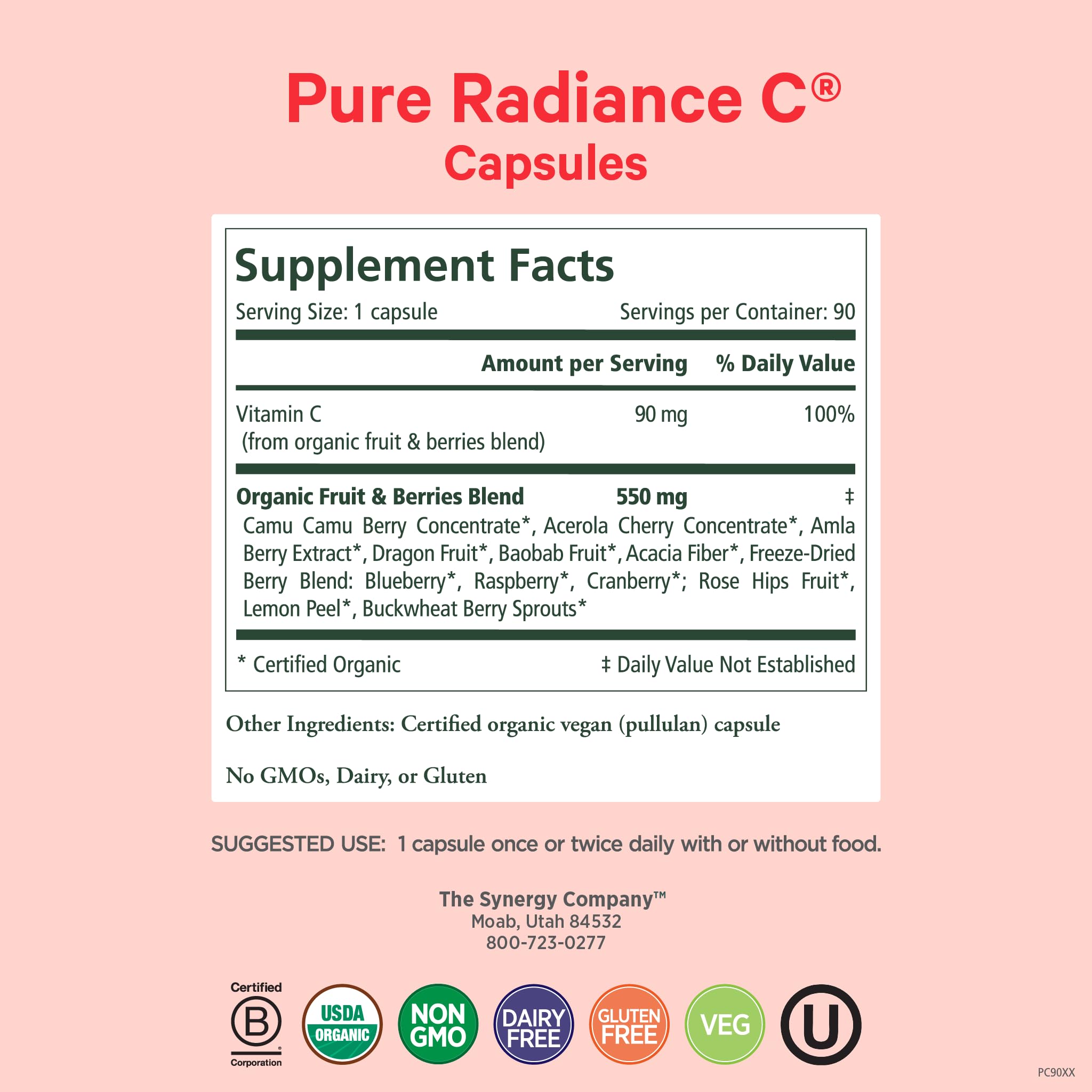 PURE SYNERGY Pure Radiance C | Organic Vitamin C Capsules | 100% Natural, Whole Food, Non-GMO Supplement with Organic Camu Camu