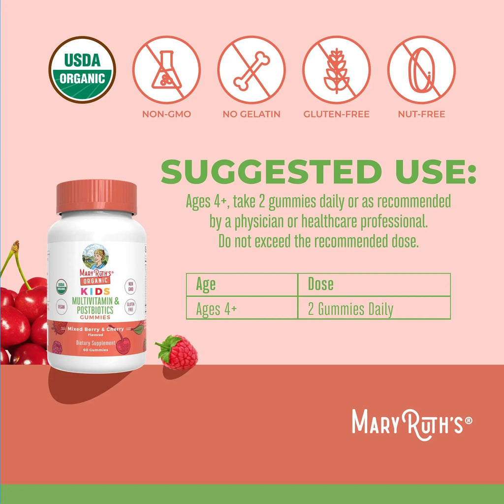 Kids Vitamins by MaryRuth's | USDA Organic | Multivitamin Gummies + Postbiotics for Ages 4+ | Multivitamin for Kids with Lactobacillus Rhamnosus | MaryRuth Organics Au supplements
