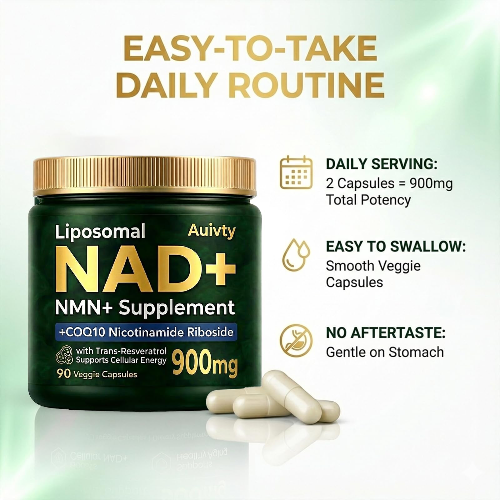 Auivty Liposomal NAD+ NMN Supplement with COQ10, Nicotinamide Riboside, Trans-Resveratrol, 900mg, 90 Veggie Capsules Auivty Au supplements