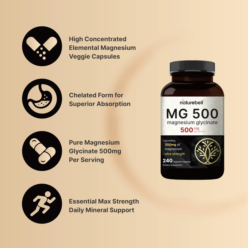 Magnesium Glycinate 500mg Per Serving | 240 Veggie Capsule, 100% Chelated NatureBell Au supplements
