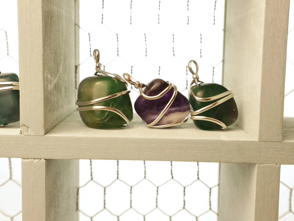 Shelf and Stone Rainbow Fluorite Wire Wrapped Pendant - Dark Hued Fluorite Crystal Necklace Shelf and Stone Au supplements