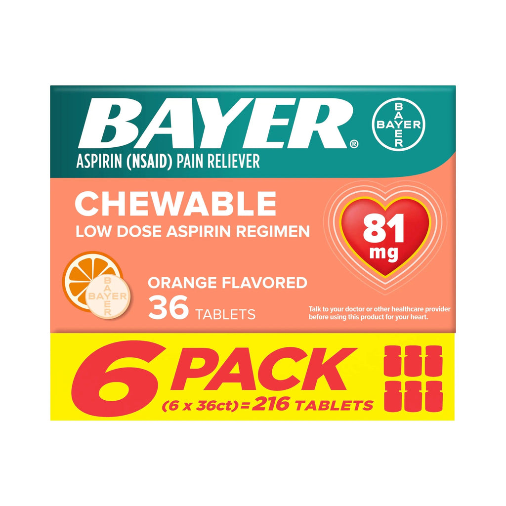 Bayer Aspirin Low Dose 81 mg Chewable Tablets, Pain Reliever, Orange Flavored, 216 Tablets (6 Pack) Bayer Au supplements