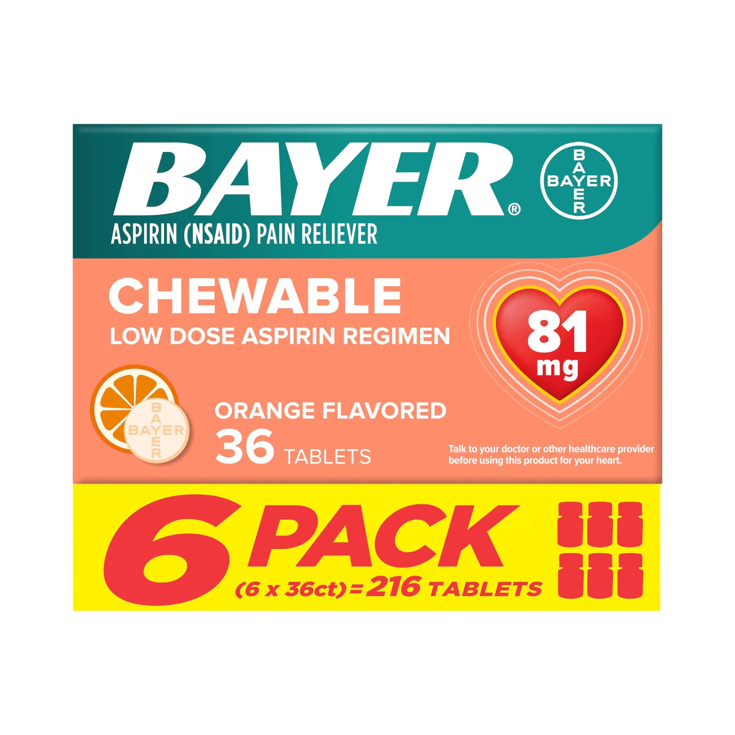 Bayer Aspirin Low Dose 81 mg Chewable Tablets, Pain Reliever, Orange Flavored, 216 Tablets (6 Pack) Bayer Au supplements