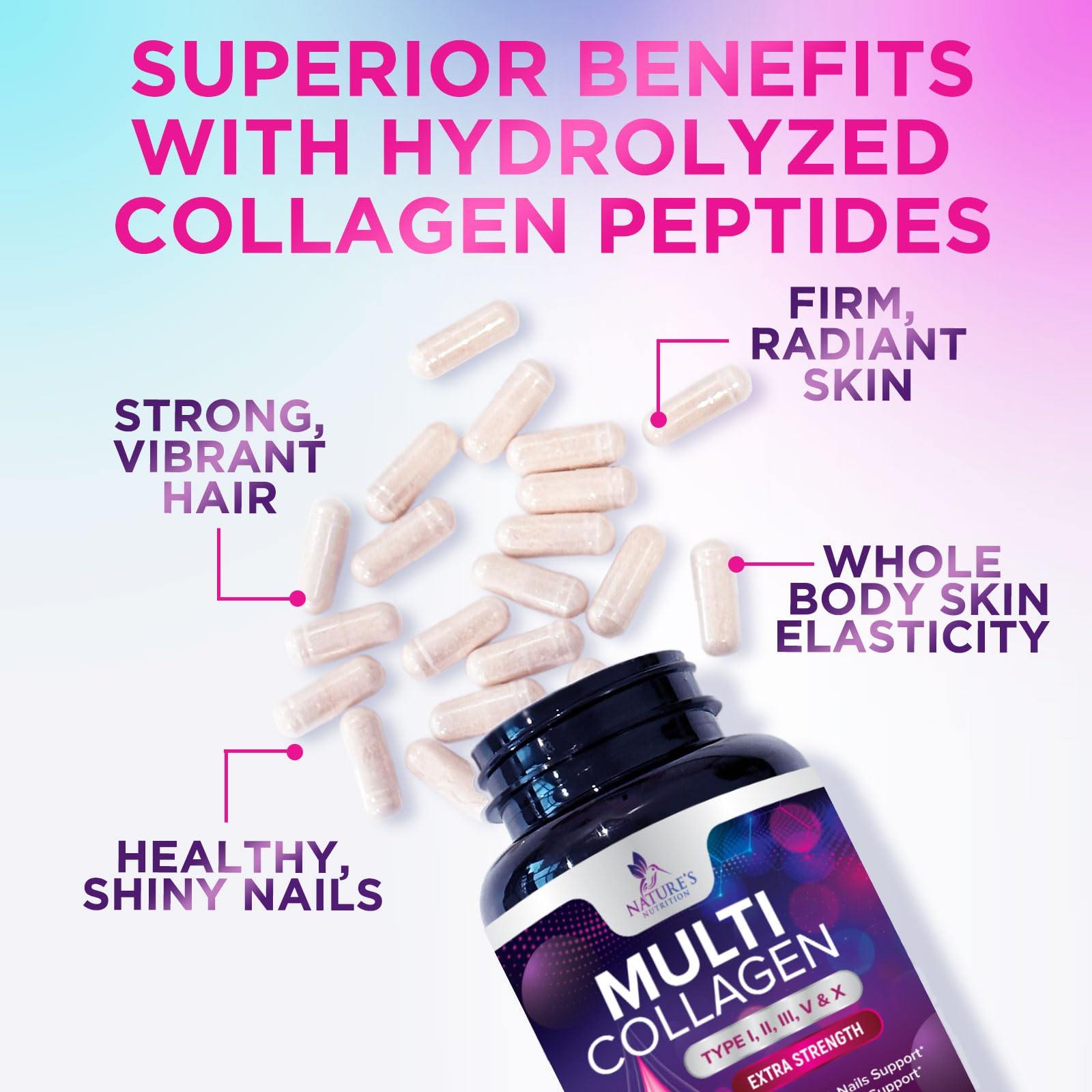 Multi Collagen Pills - Multi Collagen Complex 2400 mg Per Serving - Types I, II, III, V, X - Hydrolyzed Collagen Peptides Supplement - Hair, Skin & Nail Support