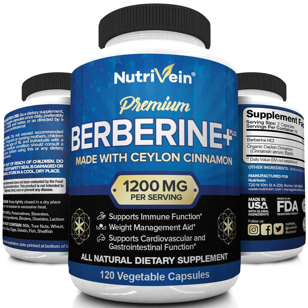 Nutrivein Premium Berberine HCL 1200mg Plus Organic Ceylon Cinnamon - 120 Capsules Nutrivein Au supplements