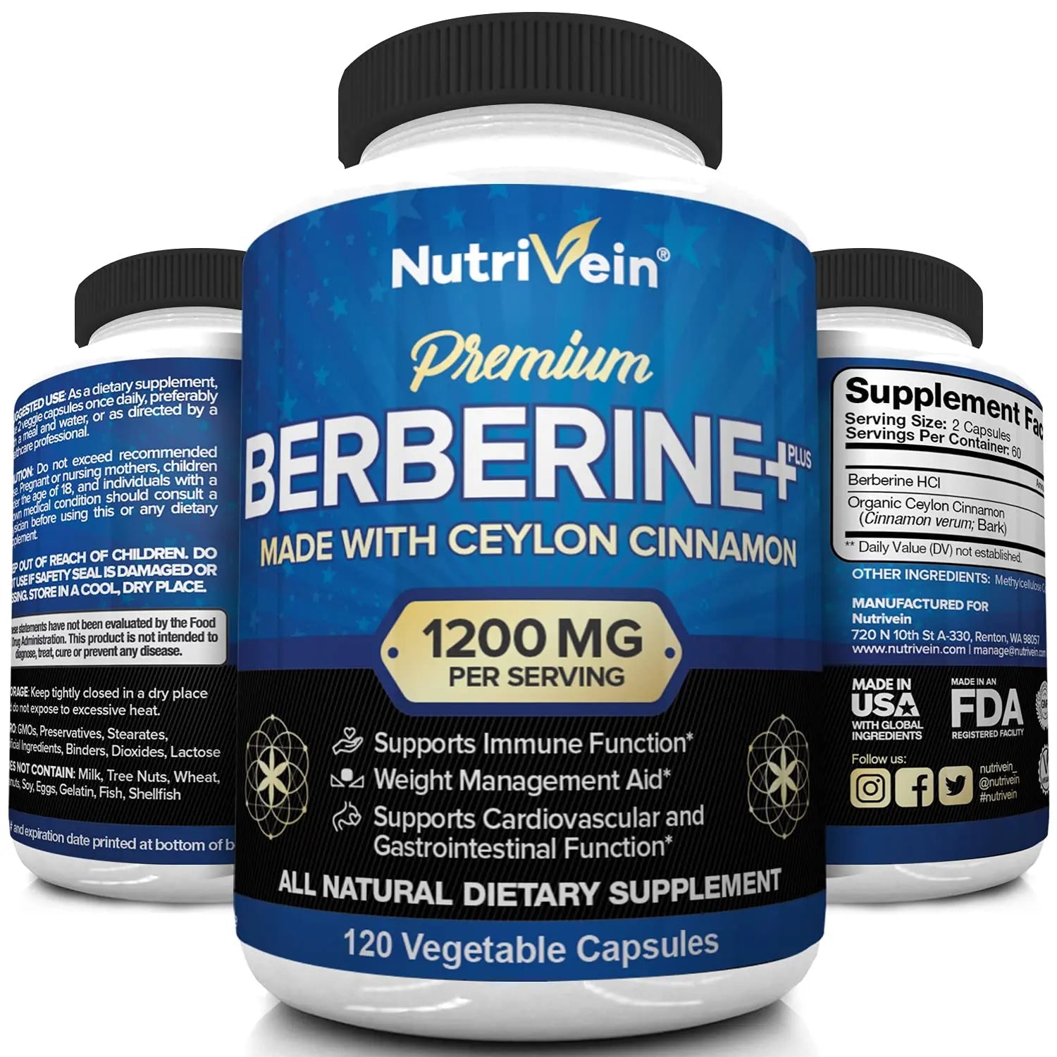 Nutrivein Premium Berberine HCL 1200mg Plus Organic Ceylon Cinnamon - 120 Capsules Nutrivein Au supplements