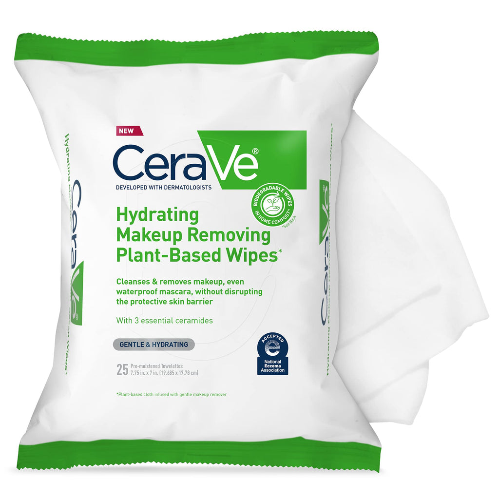 CeraVe Makeup Remover Wipes, Plant Based Face Wipes, Biodegradable in Compost, Waterless Face Wash, Travel Essentials for Women