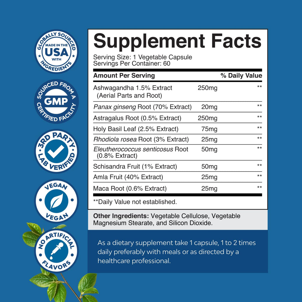 Herbal Adaptogen Mood Support Supplement - Calming Adaptogens Supplement for Stress & Cortisol Management with Ashwagandha Rhodiola Rosea & Maca Root - Vegan & Daytime Friendly - 60 Count Natures Craft Au supplements