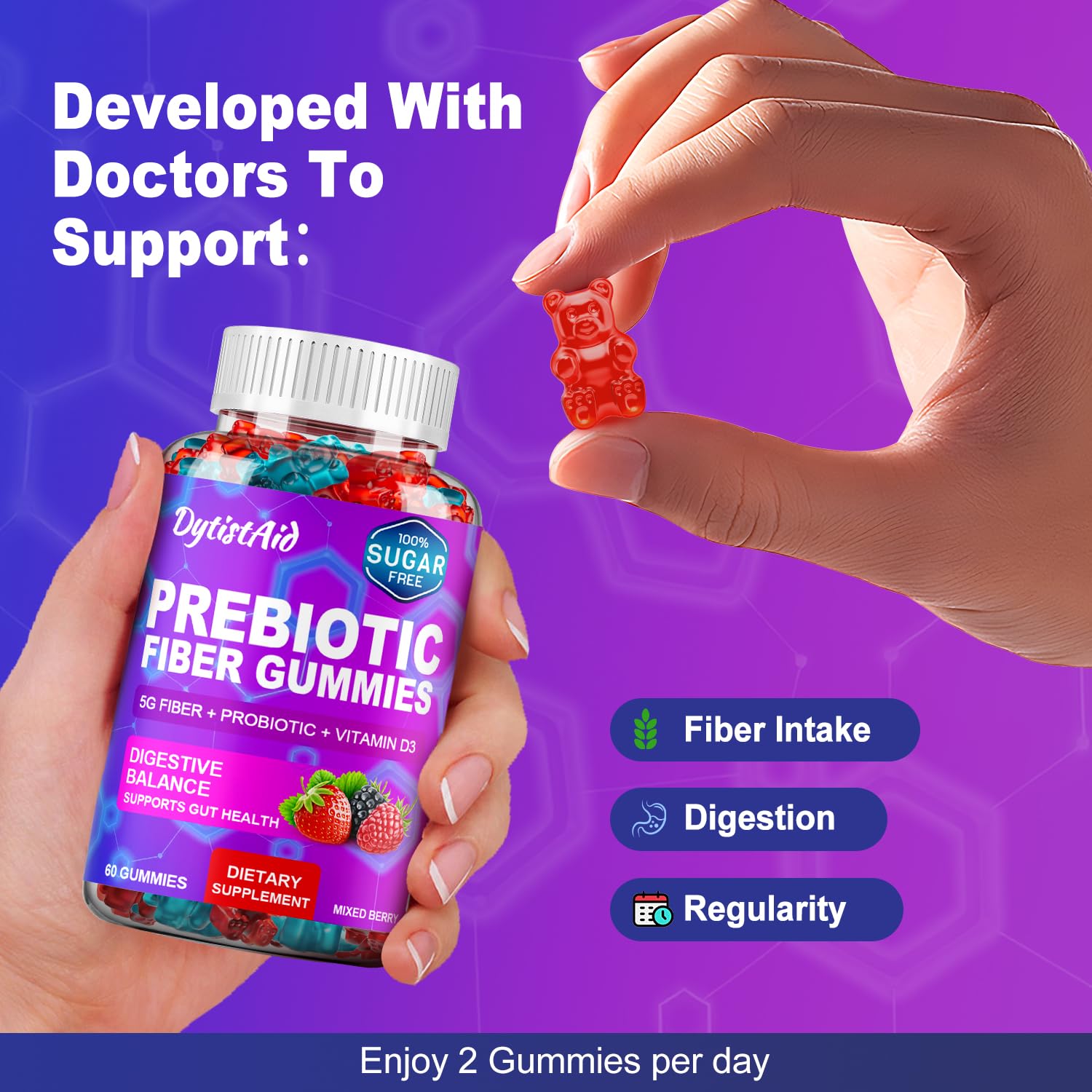 Prebiotic Fiber Gummies, 5g Fiber per Serving, 2 Billion CFU Bacillus Coagulans + Vitamin D3, Sugar Free Pectin Mixed Berry Gummies, Inulin (FOS) + Acacia