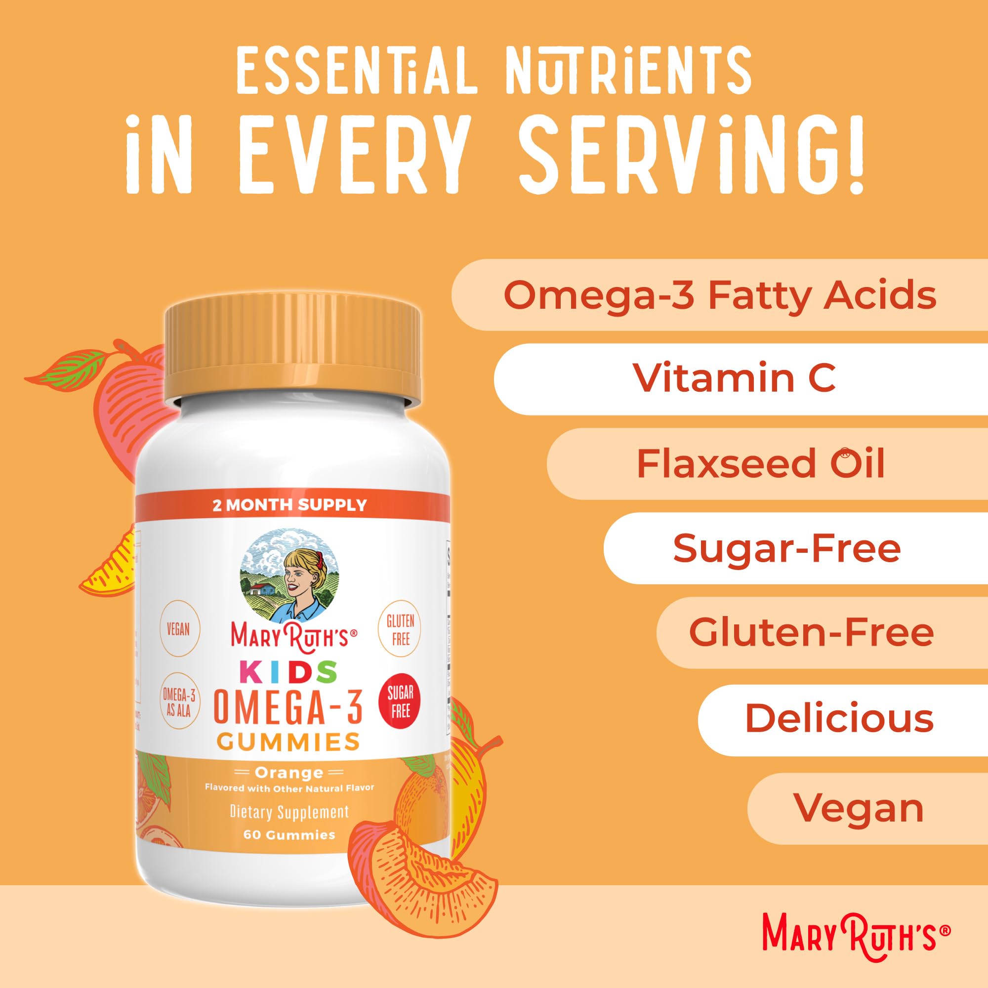 MARYRUTH'S Vegan Omega 3 Gummies for Kids 2+, 2 Month Supply, Sugar Free, Omega 3 Supplement with Vitamin C, Flaxseed Oil, Immune Support