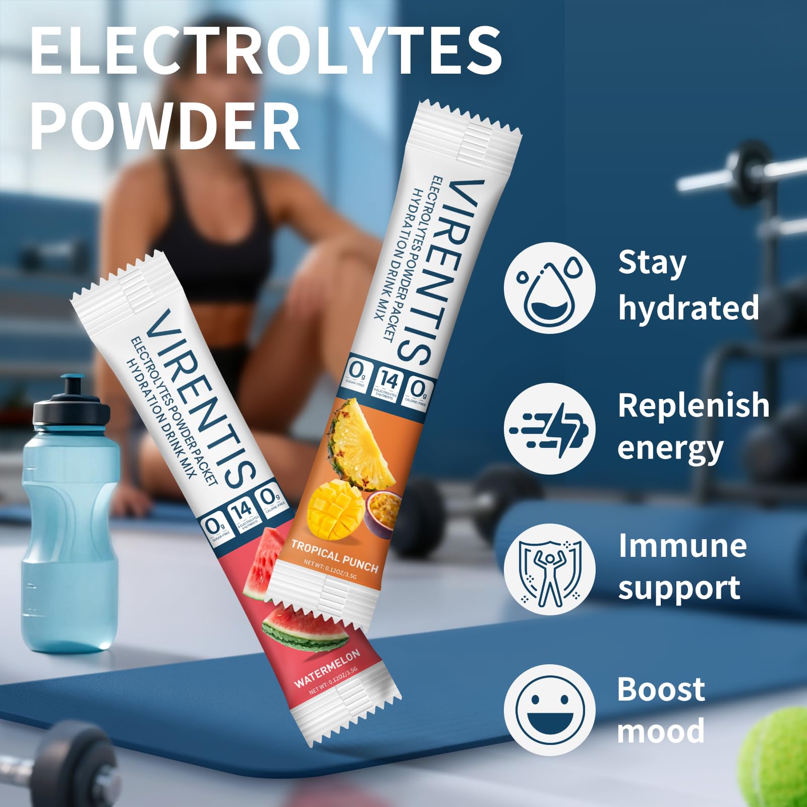 VIRENTIS 16 Sticks Electrolytes Powder Packets Sugar Free Hydration Packets, 8 Flavors Liquid Daily IV Electrolyte Drink Mix for Rehydration