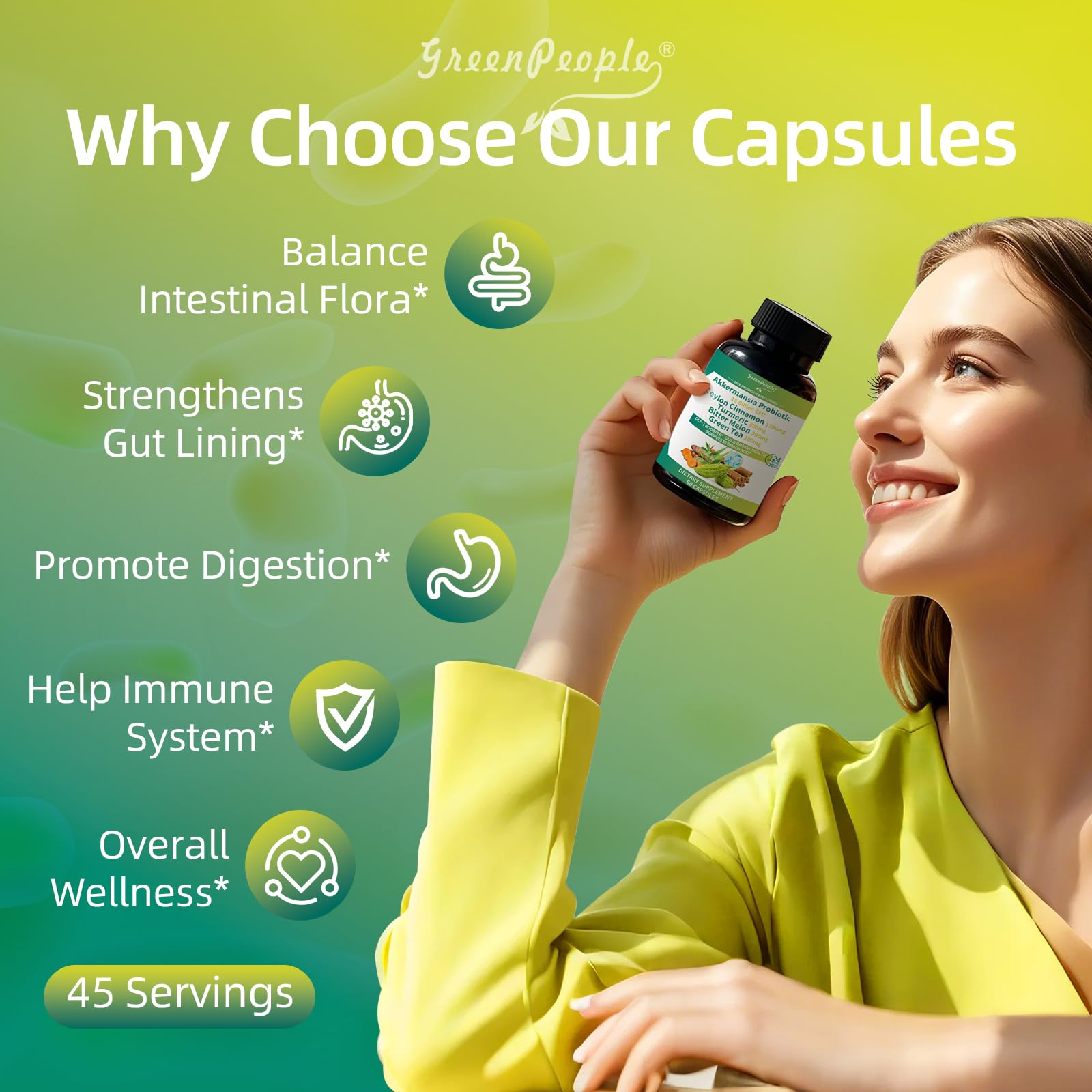GREENPEOPLE Akkermansia Probiotics 15B CFU for Gut Function, 60CT Probiotics Supplement with Ceylon Cinnamon, Turmeric | Digestive Health & Metabolic Support