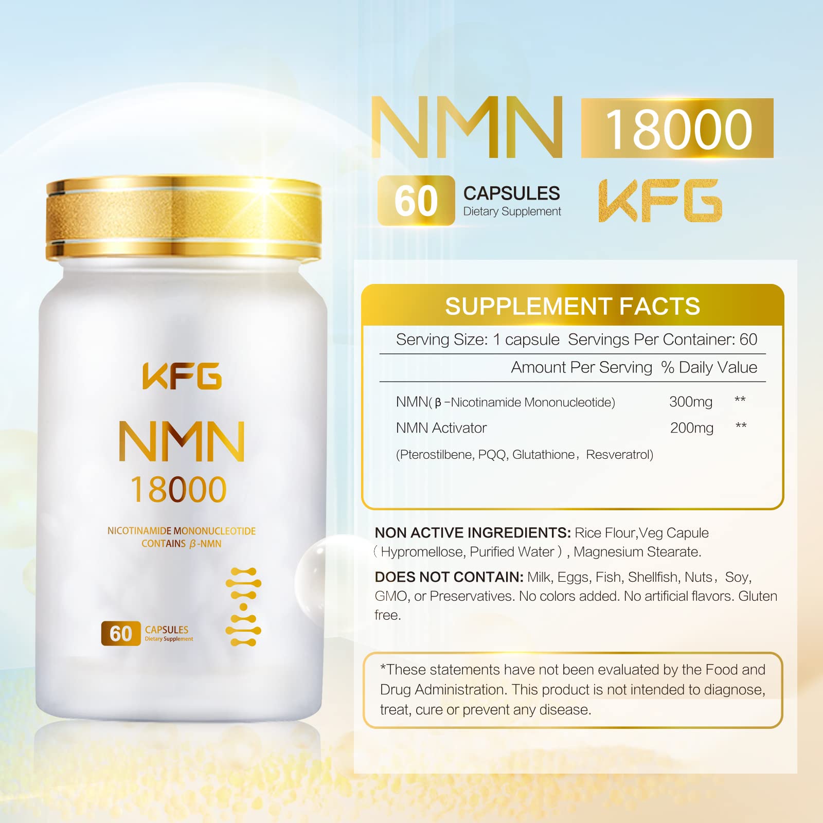 KFG NMN 18000 - NMN Nicotinamide Mononucleotide Supplement with Resveratrol, Stabilized Form & 99% High Purity to Boost NAD+ Levels for DNA Repair Supplement,for Healthy Aging,60 Capsules KFG Au supplements