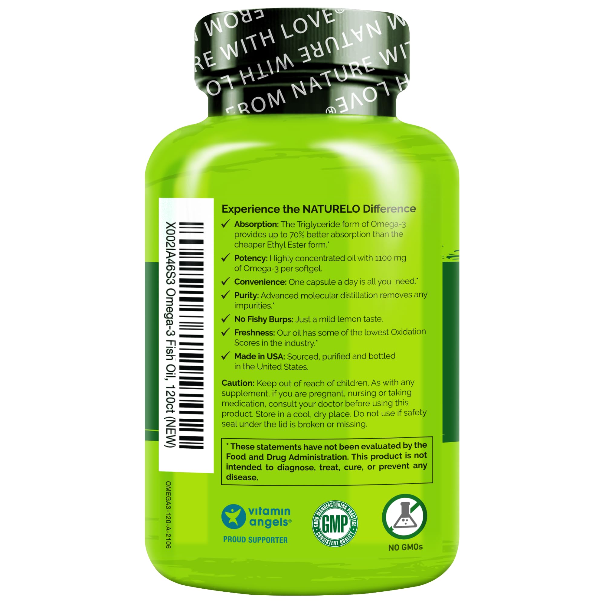 NATURELO Burpless Omega 3 Fish Oil Supplement - 1100mg Triglyceride Omega-3, EPA + DHA, Liquid Fish Oil for Heart, Eye, Brain, Joint Health