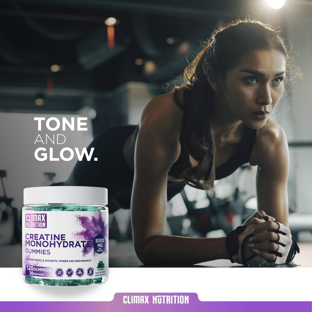 Creatine Monohydrate Gummies - Vegan, Sugar-Free, Gluten-Free - Boosts Muscle Recovery, Strength & Lean Muscle Growth - Brain Health Support - for Men & Women - Blueberry Flavor - 120 Gummies CLIMAX NUTRITION Au supplements