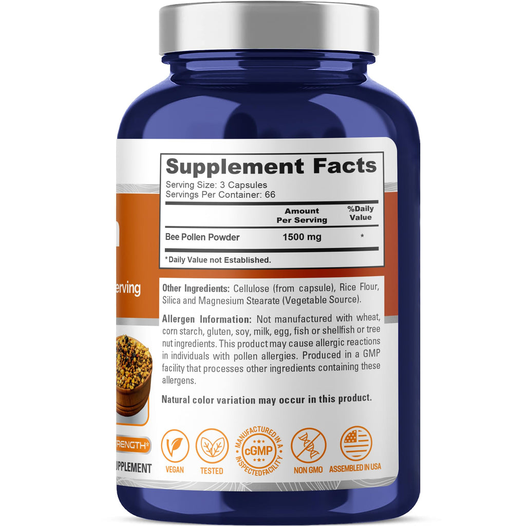 NusaPure Bee Pollen 1500mg 200 Veggie Caps (100% Vegetarian, Non-GMO, Vegan) Naturally Occurring Proteins, Aminoacids NusaPure Au supplements