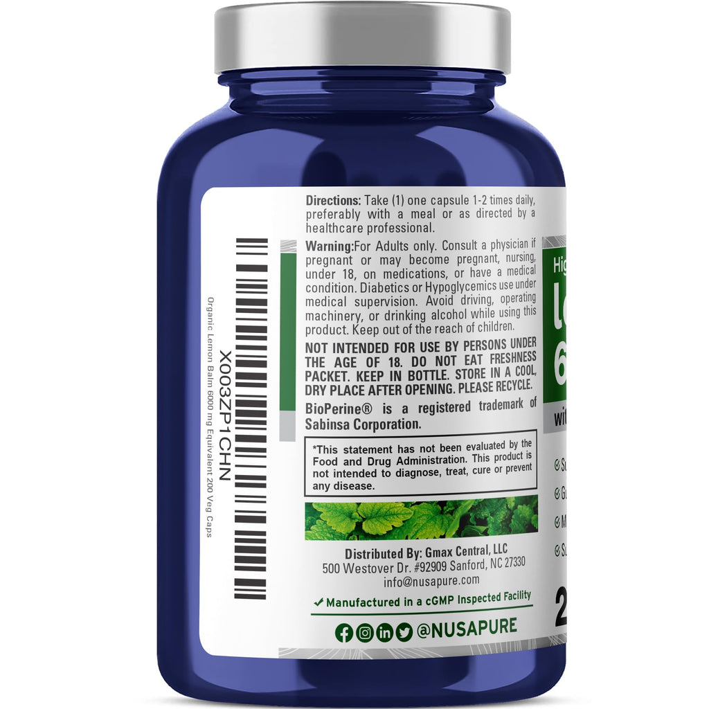 NusaPure Lemon Balm 30:1 Extract, 200 mg Equivalent to 6000mg Per Vegan Caps - 200 Count Non-GMO, Vegan Bioperine NusaPure Au supplements