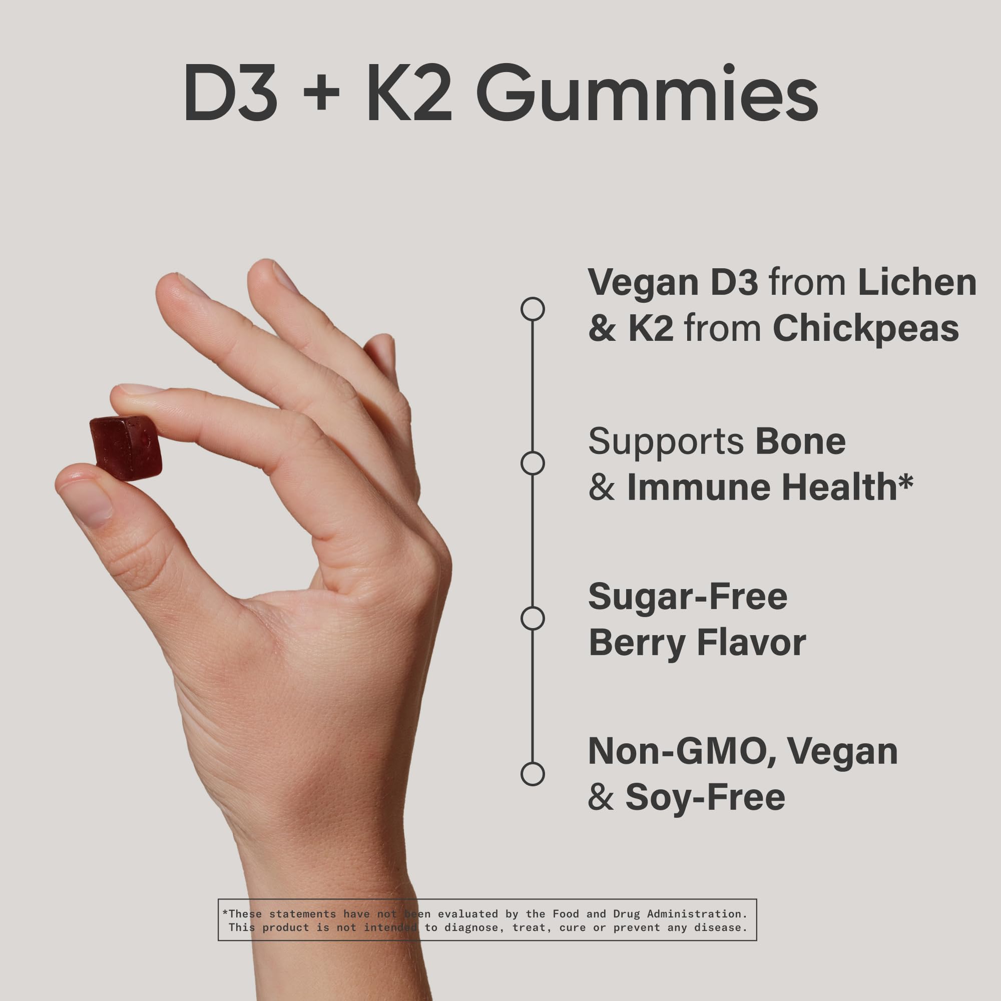 Sports Research® Vegan Vitamin D3 + K2 Sugar-Free Gummies - 125mcg (5000iu) Vitamin D w/ 100mcg Mk7 Vitamin K - Supports Bone & Immune Health