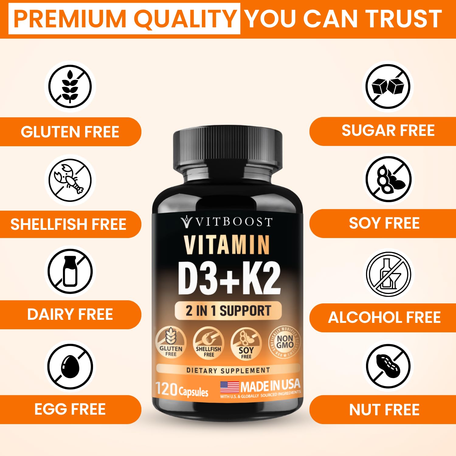 VITBOOST Vitamin D3 K2 Complex - Easy to Swallow - Vitamin D (D3) 5000 IU (125 mcg) & K2(MK-7) 90 mcg | Non-GMO | Gluten-Free