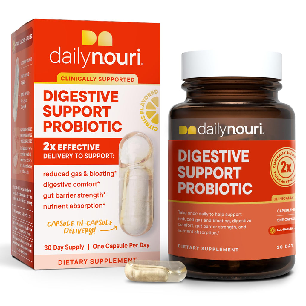 Daily Nouri Digestive Support Probiotics for Women & Men | Bloating & Gas Relief | 3 Clinically Studied Strains + Omega | 30-Day Supply