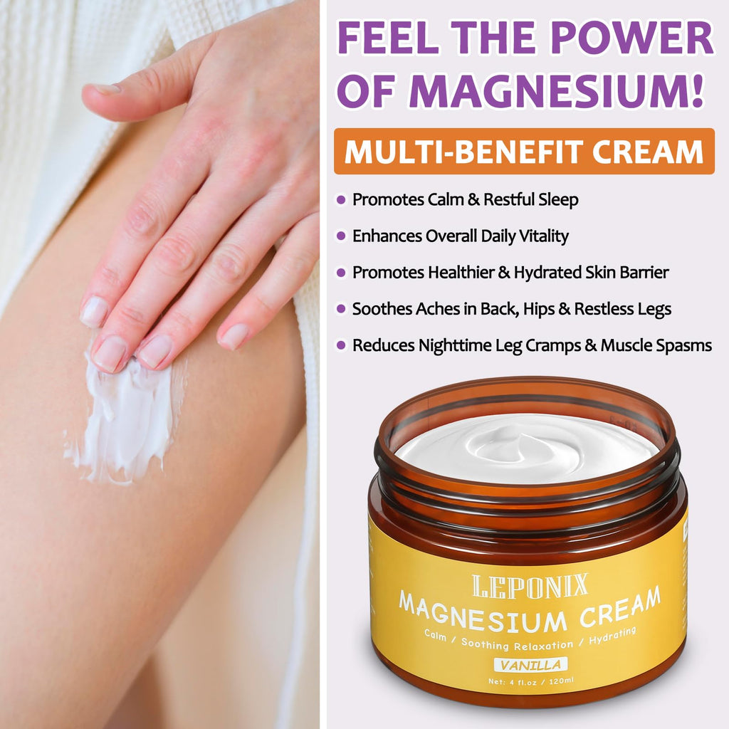 Magnesium Cream for Sleep & Muscle Recovery - Soothing Topical Magnesium Lotion for Leg Cramps, Joint Comfort, Pain Relief - Relaxing Magnesium Body Butter for Men Women Kids (120ml, Vanilla) LEPONIX Au supplements