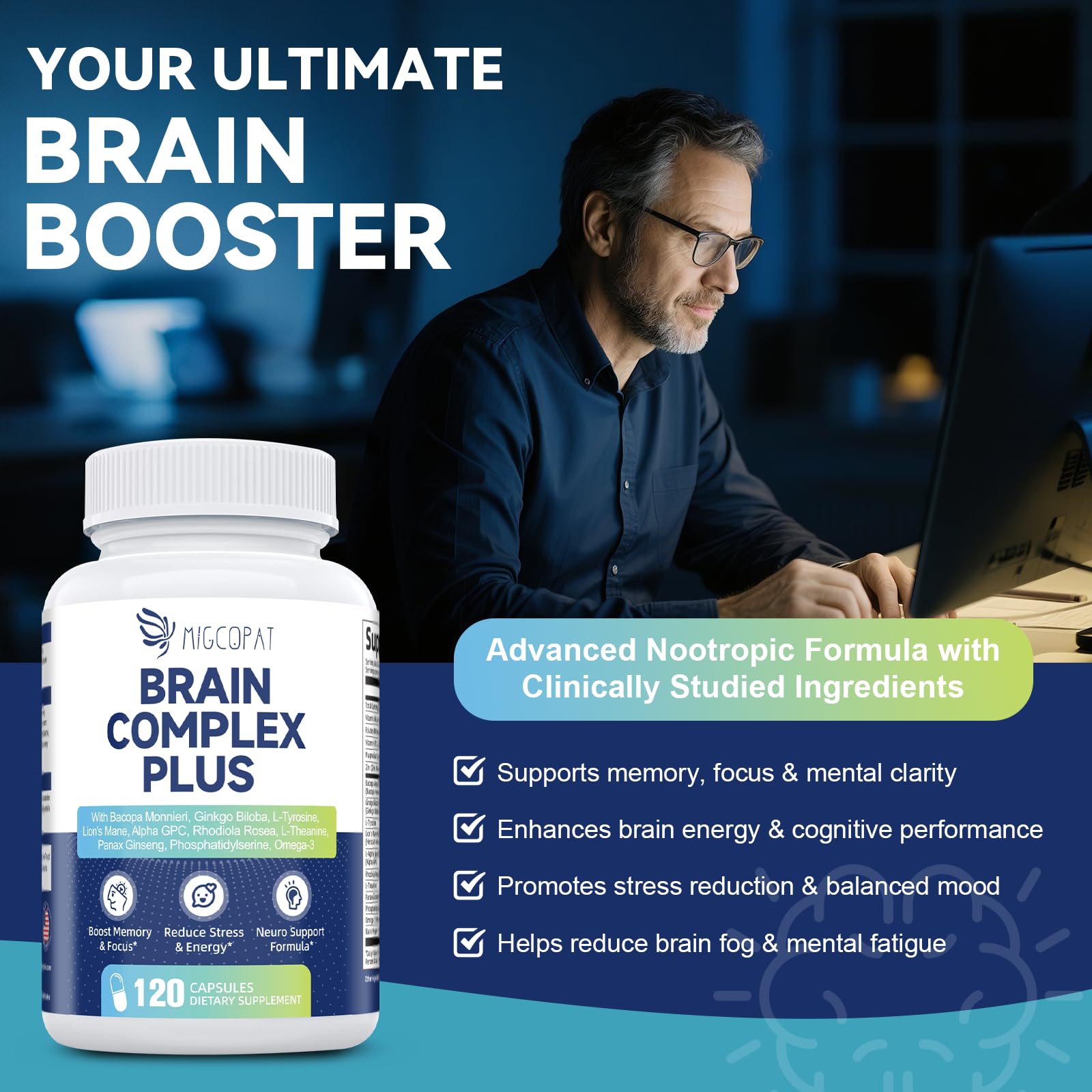 Brain Supplements for Memory & Focus - Nootropic with Bacopa Monnieri, Lion's Mane, Alpha GPC, Phosphatidylserine | Supports Mental Clarity & Cognitive Function | Vitamin B6 & B12-120 Capsules Migcopat Au supplements