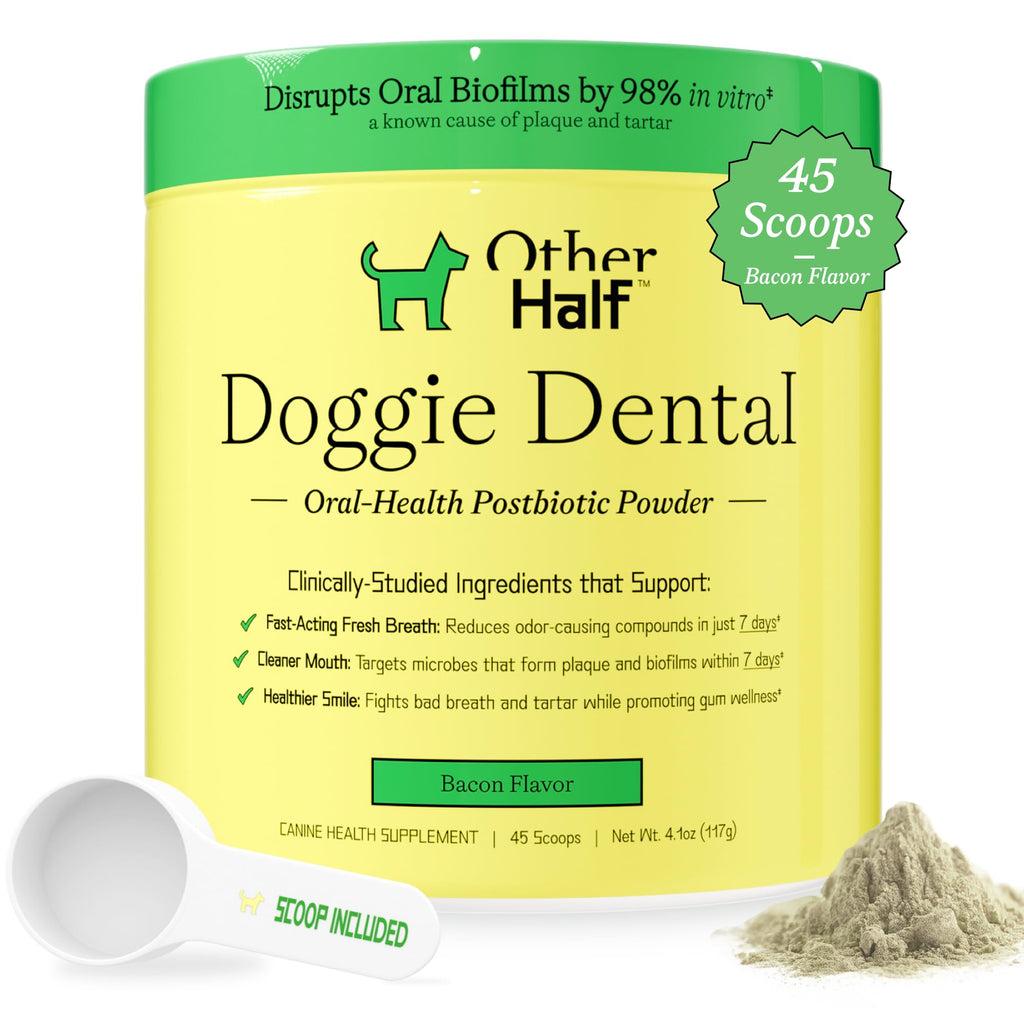 OTHER HALF Doggie Dental Supplement Powder - Dog Breath Freshener & Teeth Cleaning Made Easy - Oral Health Postbiotic for Dogs - Targets Tartar, Plaque & Bad Breath | 45 Scoops, Bacon Flavor OTHER HALF Au supplements