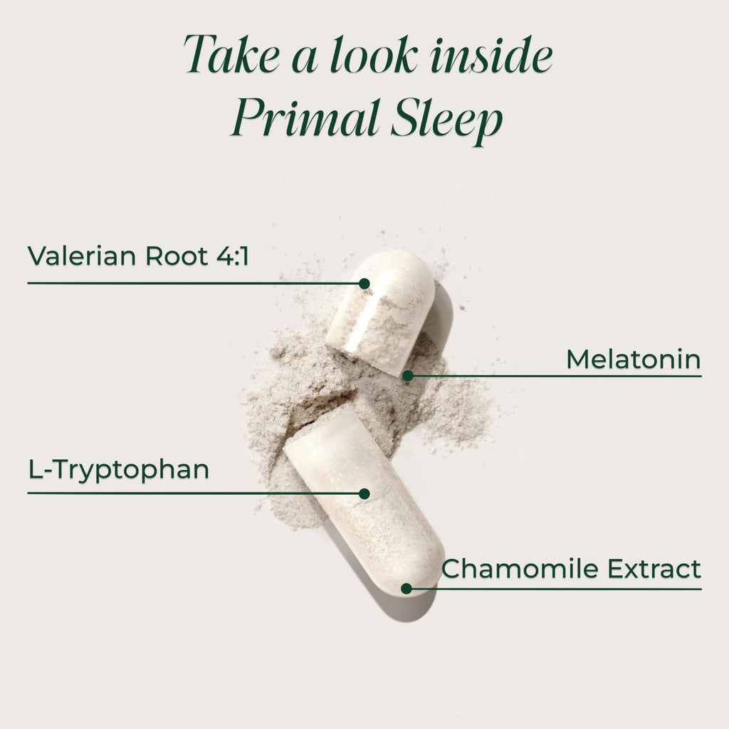 Primal Harvest Primal Sleep Support Supplement for Adults with Melatonin, GABA, Valerian Root, L-Tryptophan, Magnesium Bisglycinate Chelate