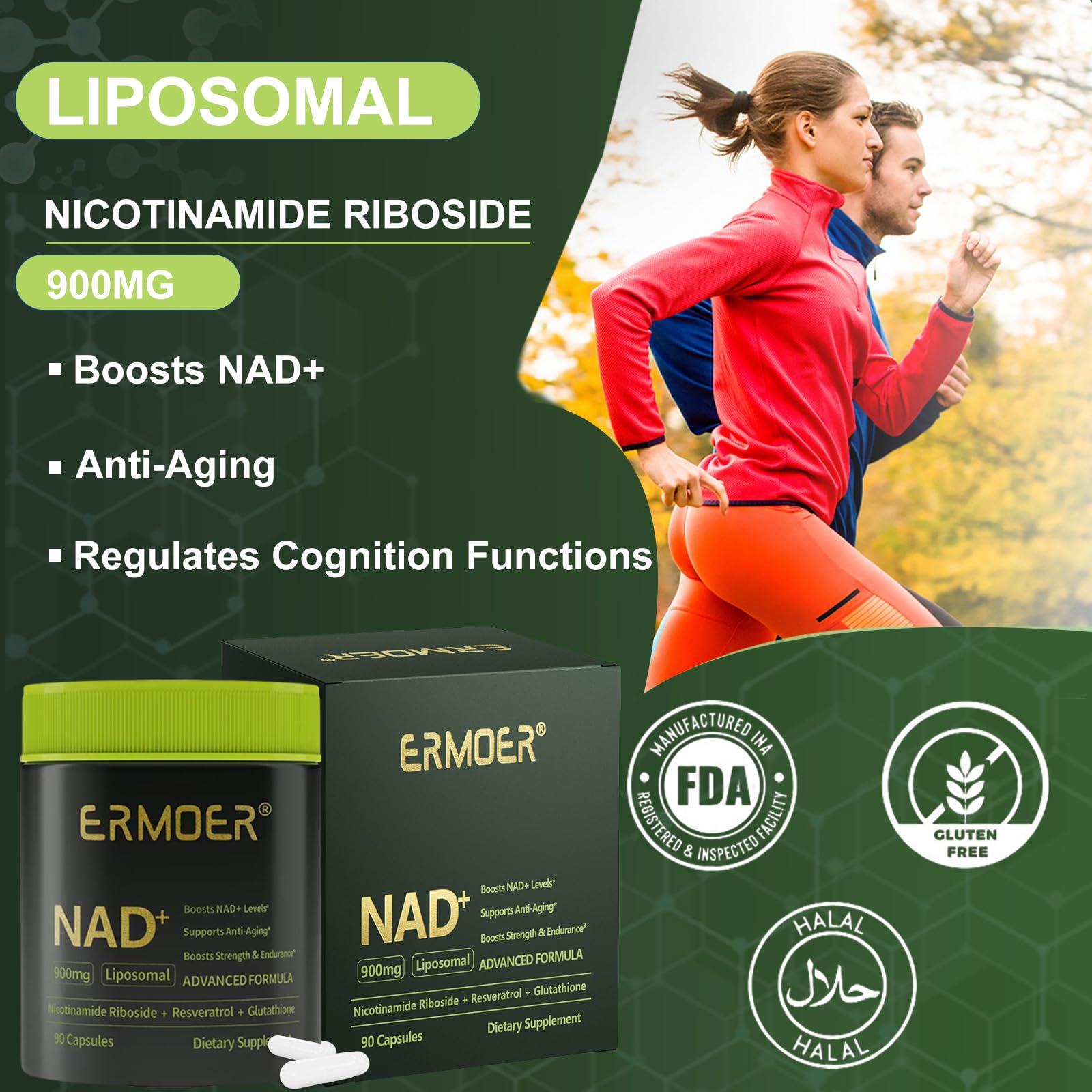ERMOER NAD Liposomal Nicotinamide Riboside with Resveratrol & Quercetin 900mg, NAD Resveratrol Supplement for Anti Aging, Energy, Antioxidant, Focus (90 Count) ERMOER Au supplements