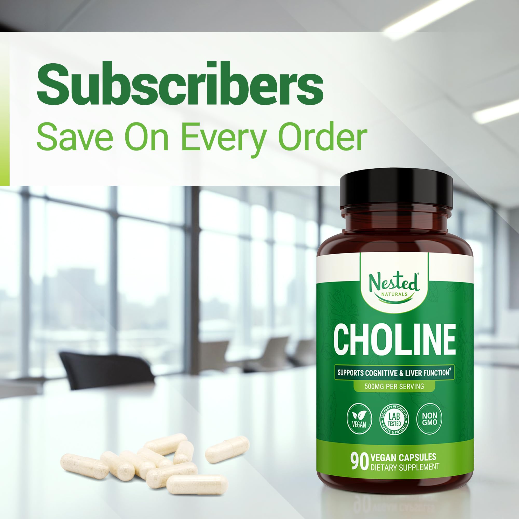 Nested Naturals Choline Bitartrate 500mg Per Serving - High Potency Choline Supplements - Supports Cognitive Performance & Liver Function -