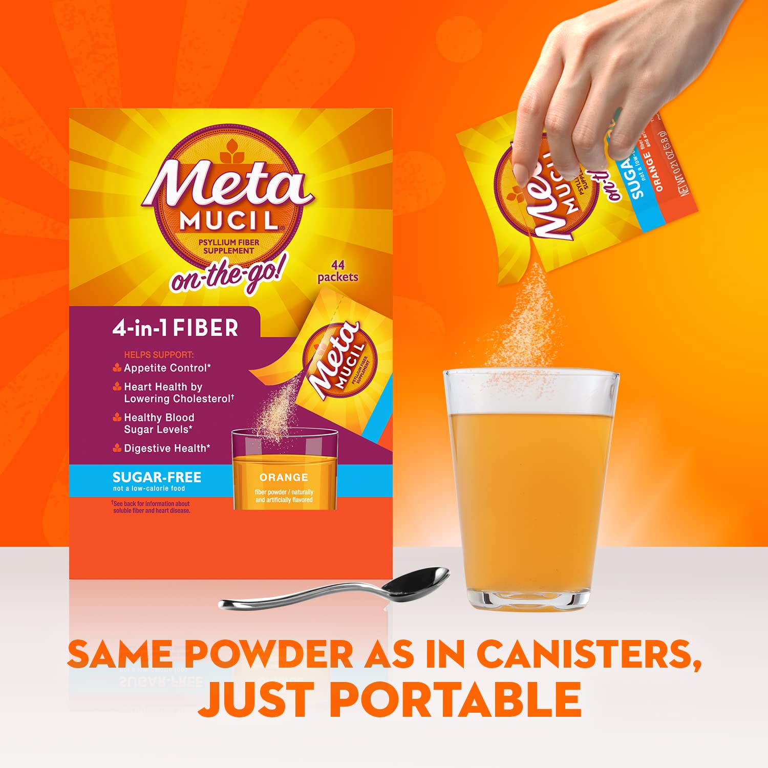 Metamucil On-the-Go Packets, Sugar-Free, 44 Packets, 4-in-1 Psyllium Husk Fiber Supplement, Orange Flavored, Individual Servings Great for Travel