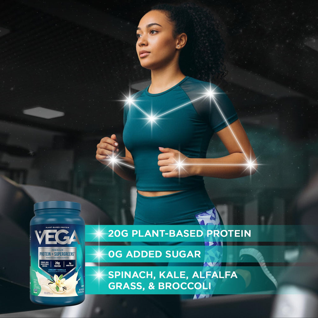 Vega Premium Protein + Supergreens, Creamy Vanilla – 20g Vegan Protein, Dairy & Gluten Free, 26.9 oz (25 Servings)