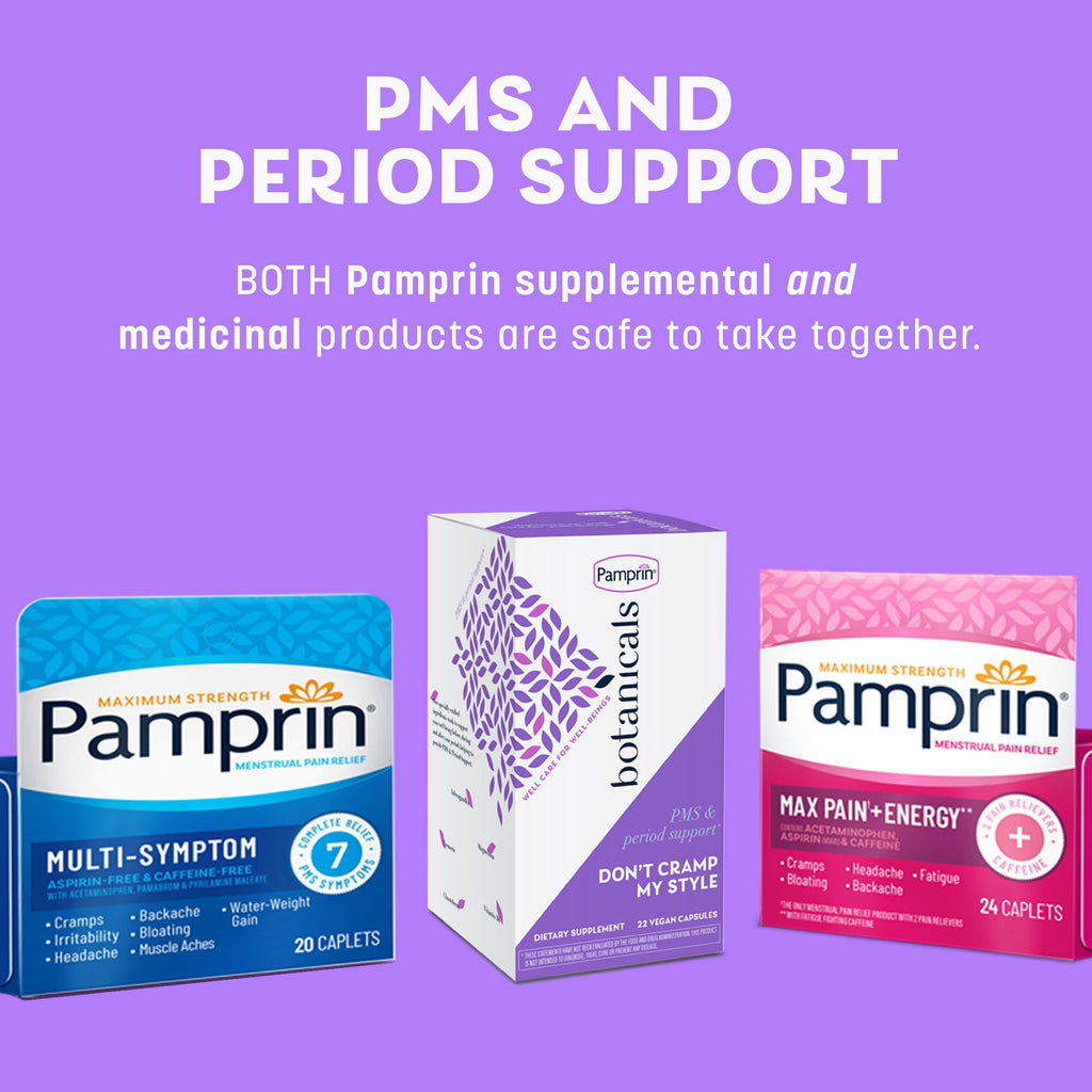 Pamprin Botanicals Supplement for PMS & Period Support, with Ashwagandha, Magnesium, Turmeric, Vitamin B6, Chasteberry, 22 Count Pamprin Au supplements