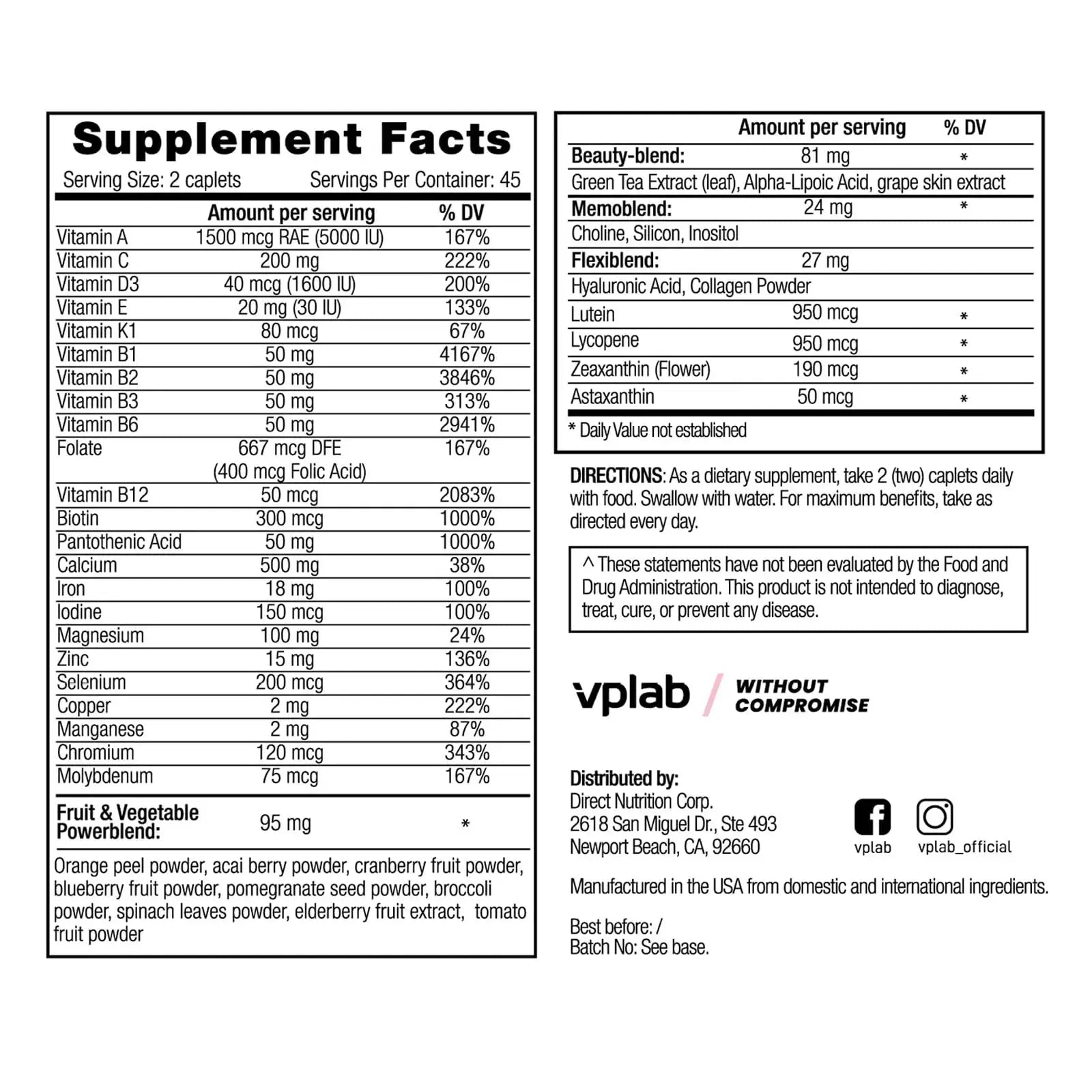 VPLab Ultra Women's Multivitamin Formula - Supplement for Hair, Skin & Nails with Biotin, Iron, Vitamin B, D, C & Zinc, Folate vplab nutrition Au supplements
