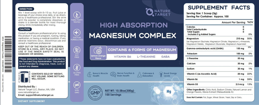 NATURE TARGET Magnesium Powder Supplement with Glycinate, Citrate, Malate, Magnesium Complex with L-Theanine & Vitamin B6 for Muscle, Heart & Brain, Vegan, 10.58 oz (100 Servings), Lemon Orange Flavor NATURE TARGET Au supplements