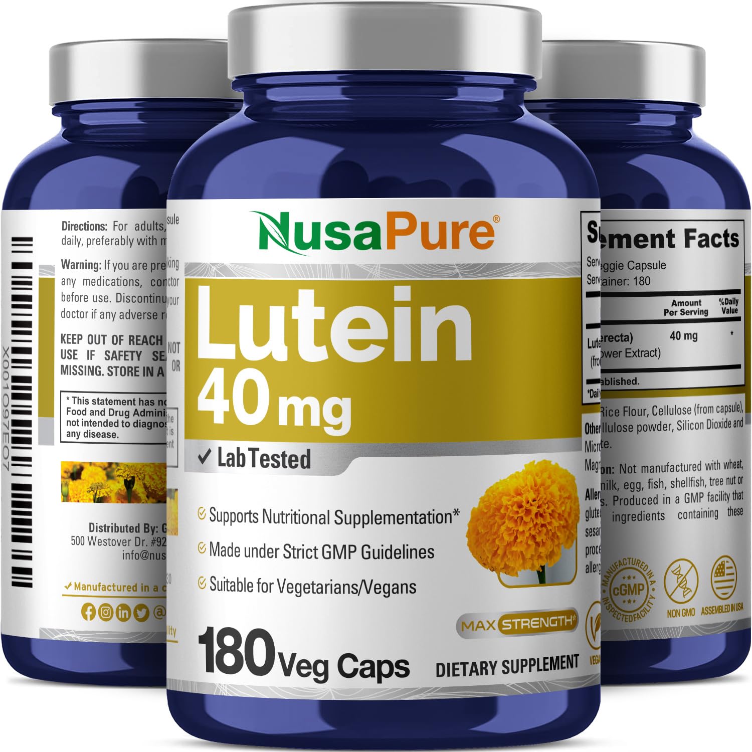 NusasPure Lutein - Suitable for Vegetarian/Vegan, Non - GMO - 40 mg - 180 Capsules NusaPure Au supplements