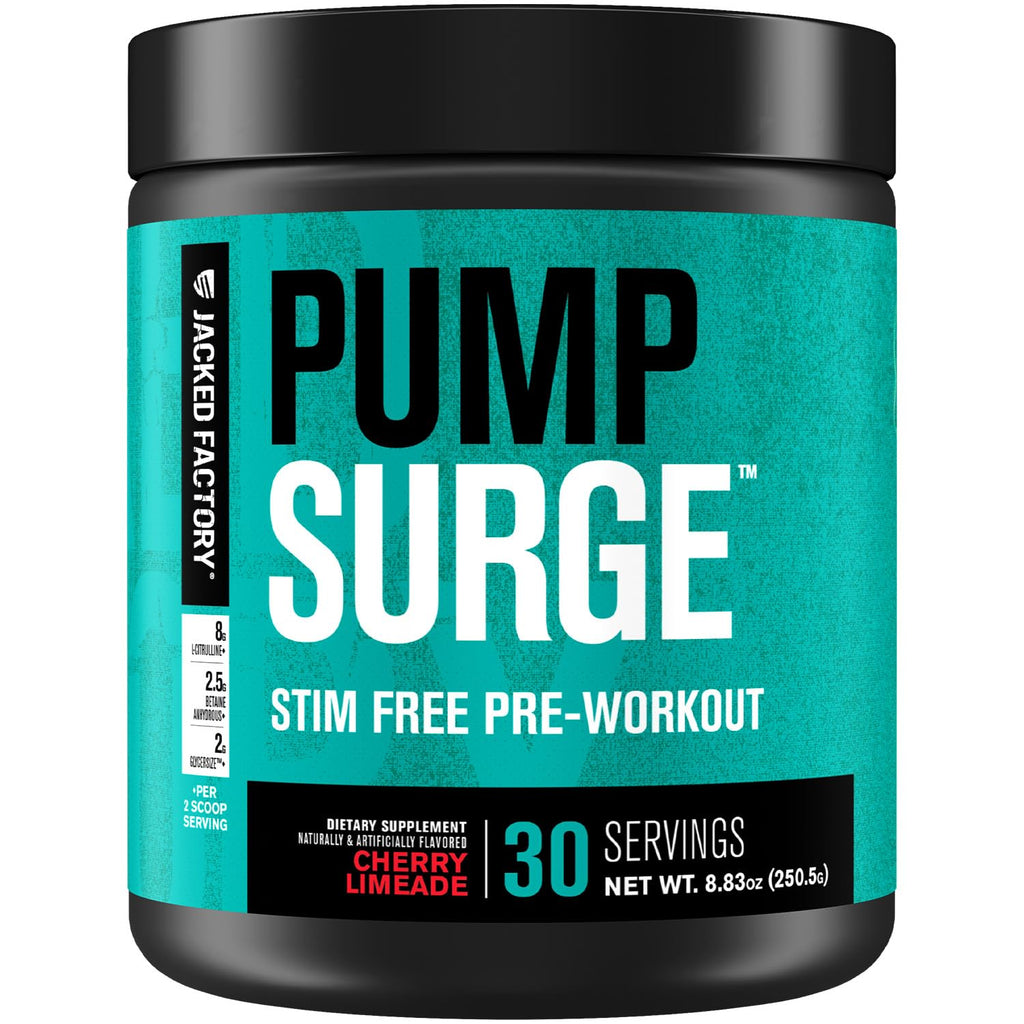 Jacked Factory Pumpsurge Caffeine Free Pre Workout for Men & Women - Booster & Stim Free Pre Workout - Intense Pumps, Enhanced Focus - 30 Servings, Cherry Limeade 8.83oz