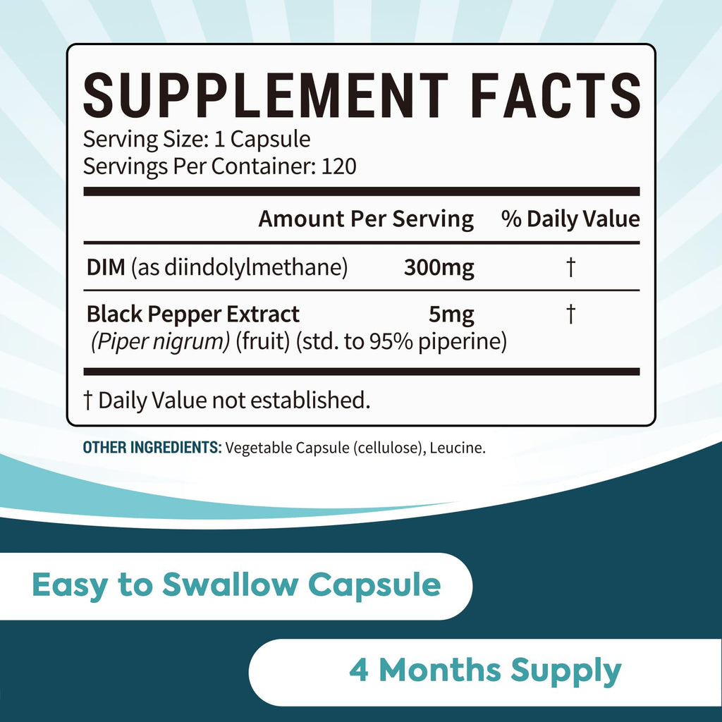 Surebounty DIM Supplement 300mg for Women & Men, Estrogen Balance & Metabolism, Hormone Balance, Menopause Support, Energy Maintainence, High Absorption with Black Pepper Extract, 120 Caps Surebounty Au supplements