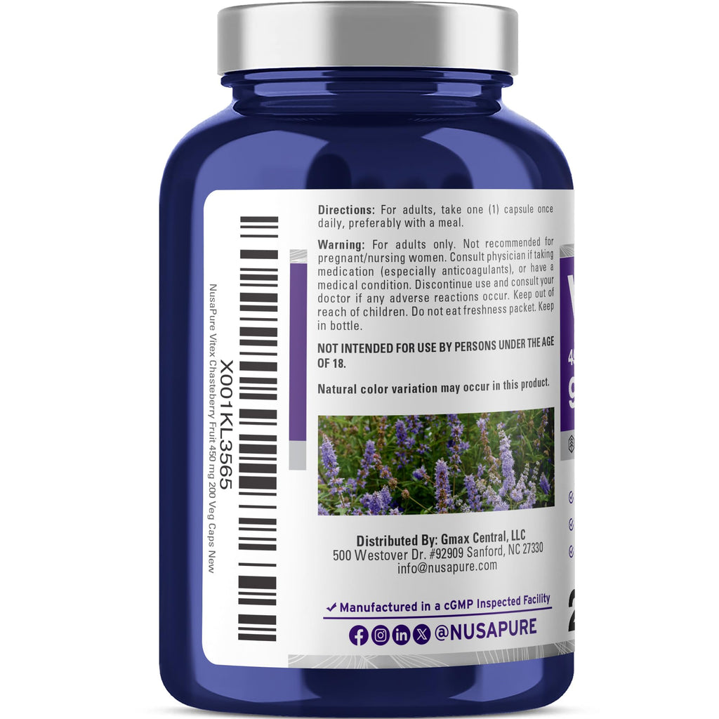 NusaPure Vitex Chasteberry Fruit 20:1 Extract, 450 mg Equivalent to 9,000 mg 200 Vegan Capsules - Non-GMO, Vegan Dietary Supplement NusaPure Au supplements