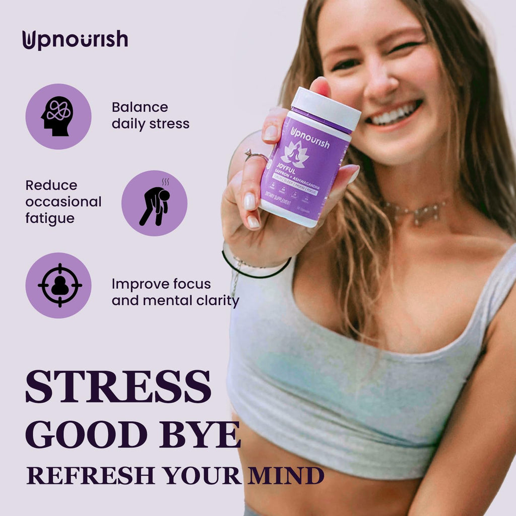 UpNourish Organic Ashwagandha Saffron Supplements with Probiotics - Stress Relief, Mood Enhancer, Calm Happy Pills Support Fatigue Focus Clarity with L-Theanine, Rhodiola, 30 Vegan Capsules UpNourish Au supplements