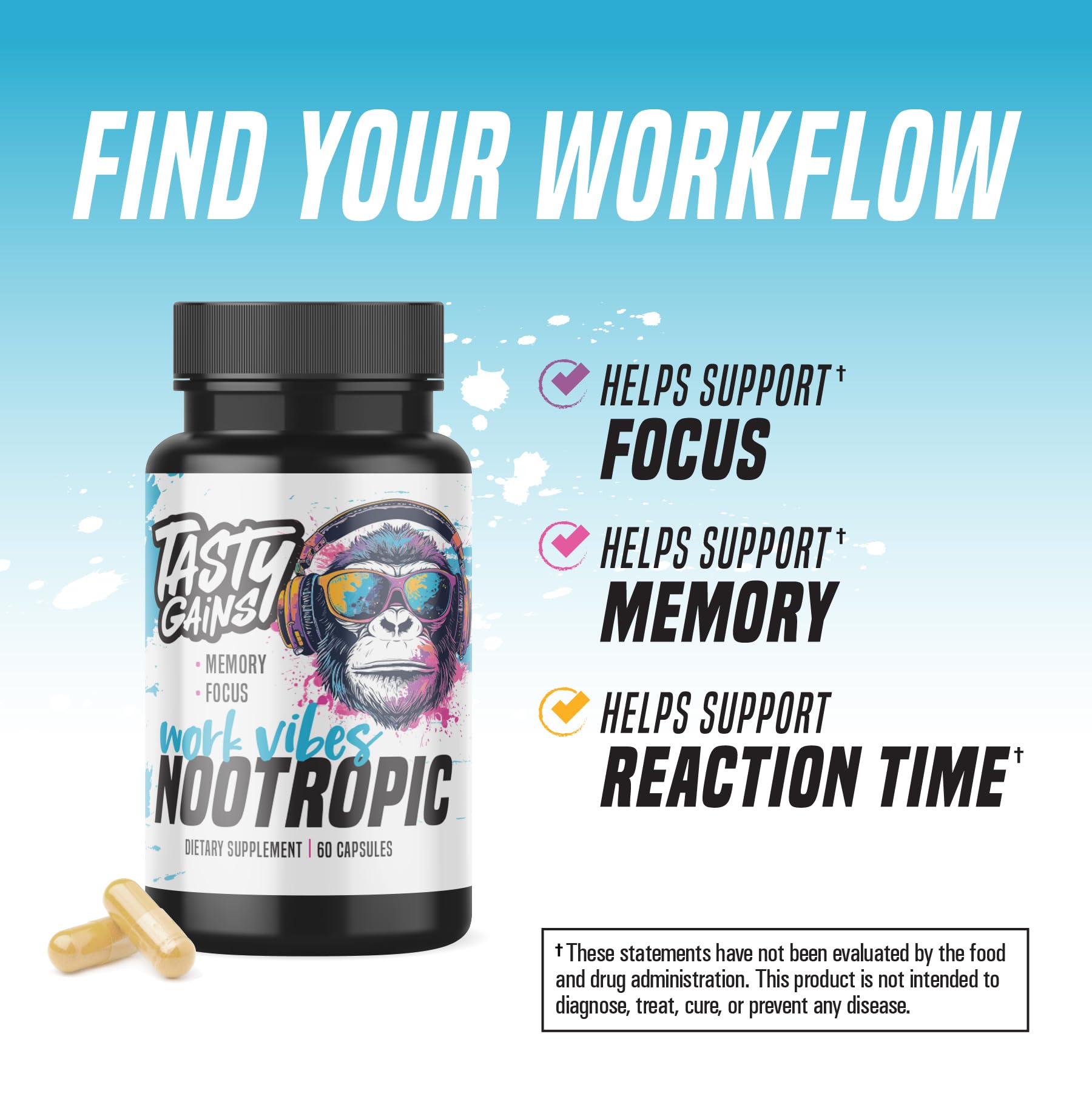 Nootropic Brain Supplement for Memory and Focus - Vitamin for Mental Health & Brain Health with L-Theanine, Rhodiola Rosea & Phosphatidylserine - Memory, Mental Clarity & Cognitive Improvement - 60 Ct TASTY GAINS Au supplements