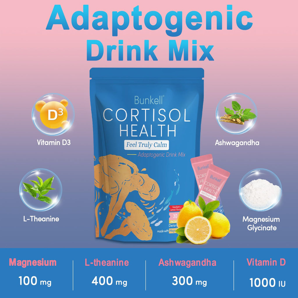 Bunkell Cortisol Powdered Drink Mix, Made with Magnesium Glycinate, L-Theanine, Ashwagandha & Vitamin D3, Cortisol Supplements for Relaxation, Focus & Calm Support, Raspberry Lemonade Flavor, 30 Ct Bunkell Au supplements