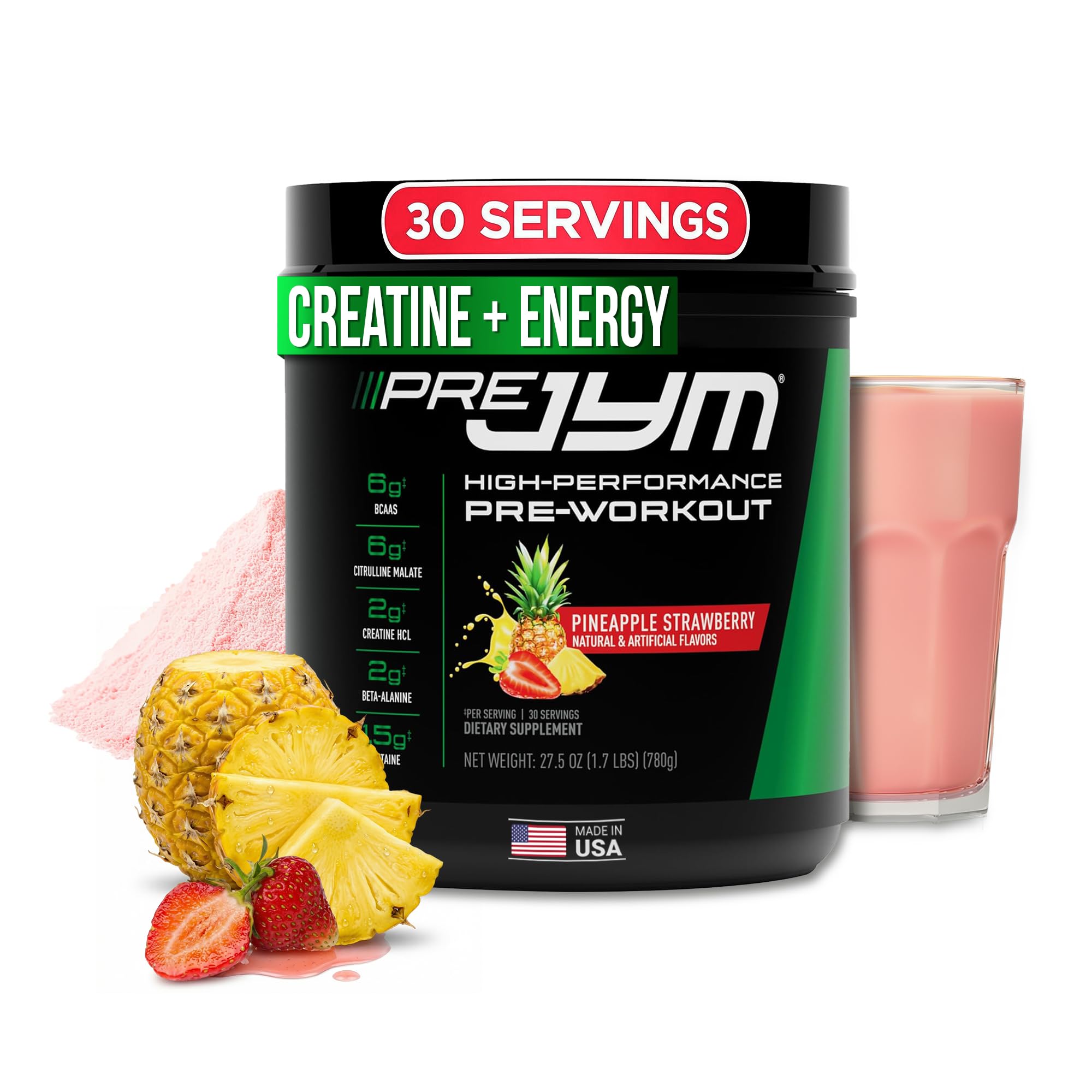 JYM Supplement Science Pre JYM Pineapple Strawberry Pre Workout Powder for Men & Women, BCAAs, Nootropics, Creatine HCI, Citrulline, Beta-Alanin