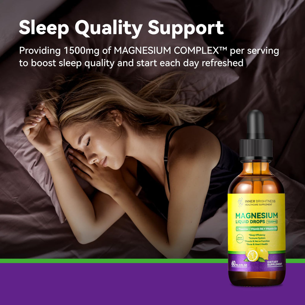 Magnesium Glycinate Liquid Drops 1500mg with Magnesium Citrate & Taurate, L-Theanine, Vitamin D3, B6 - Supports Calm, Sleep, Muscle Relaxation, Leg Cramps & Energy, Lemon Flavor, 60 mL Inner Brightness Au supplements
