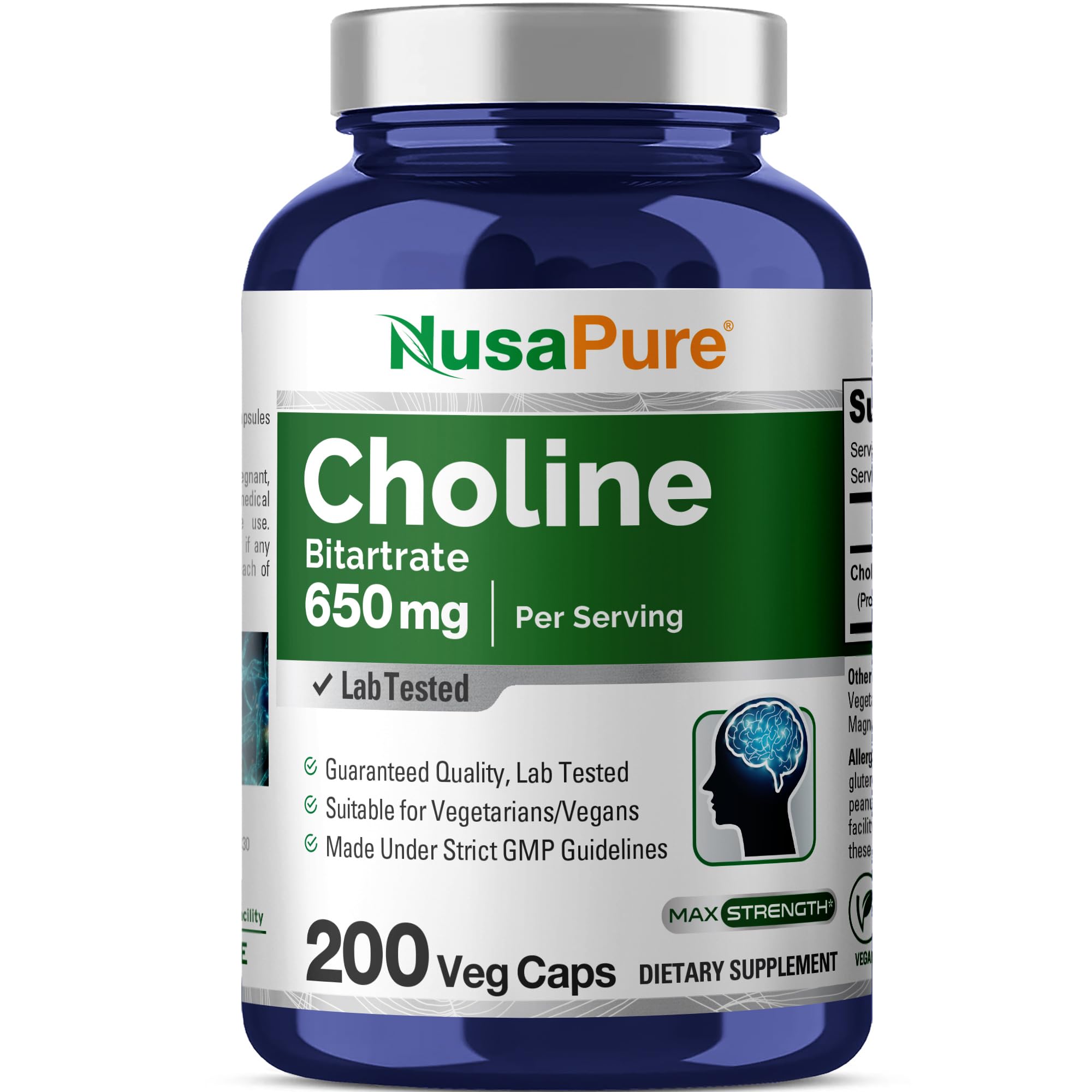 NusaPure Choline Bitartrate - Suitable for Vegetarian/Vegan, Non - GMO - 650 mg 200 Capsules NusaPure Au supplements