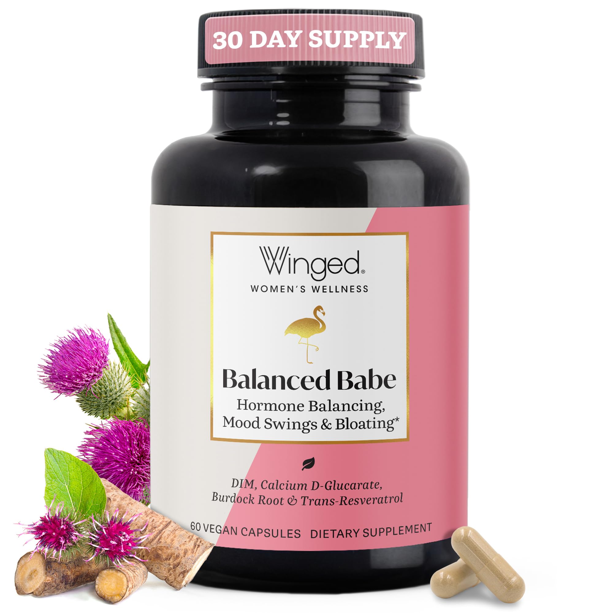 Winged Wellness Balance Babe, Hormone Balance & Estrogen Detox Supplement for Women - 100mg DIM & Calcium D-Glucarate & Milk Thistle for PMS Bloating, Cramps, Mood & Hormonal Acne Support, 60 Capsules Winged Wellness Au supplements