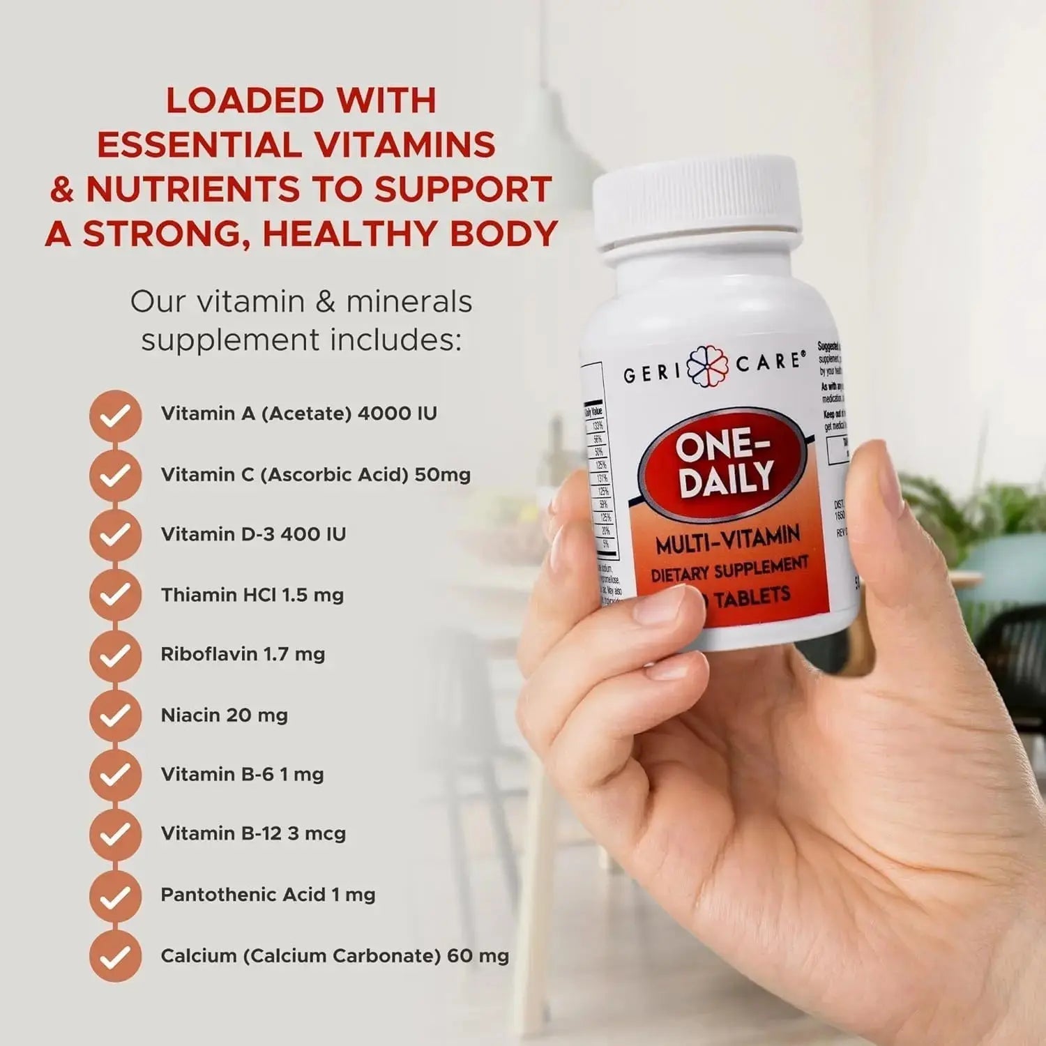 GeriCare One-Daily Multi-Vitamin Tablet, 100 Count Adult Multivitamin Supplement | Easy-to-Take Dietary Supplement with Vitamins A, C, D3, B, Calcium GeriCare Au supplements