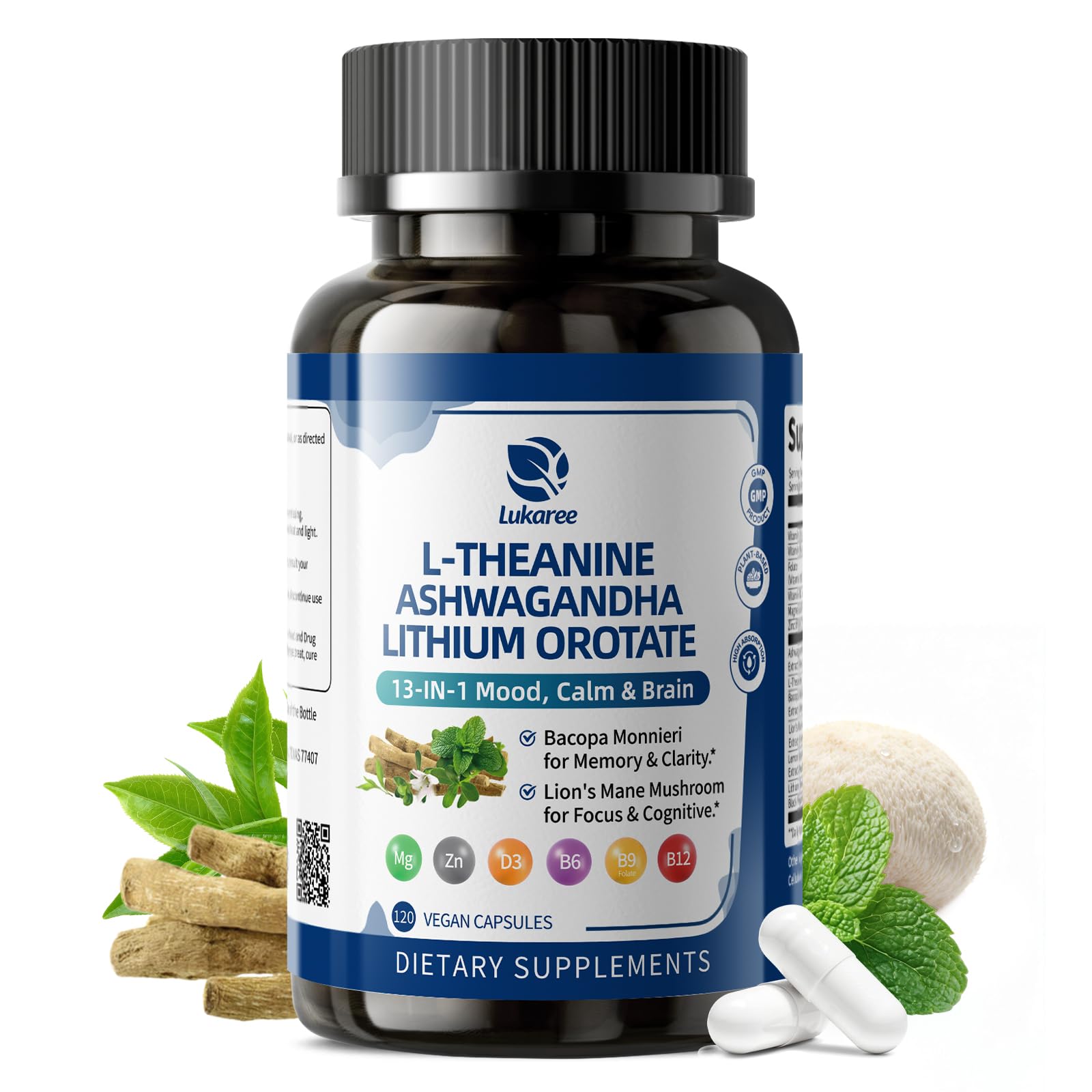 Lithium Orotate 5/10mg, L-Theanine 200mg, Ashwagandha 300mg - Mood Focus Memory Brain Supplements with Bacopa Monnieri, Lion’s Mane, Magnesium, Zinc D3 B6 Folate B12