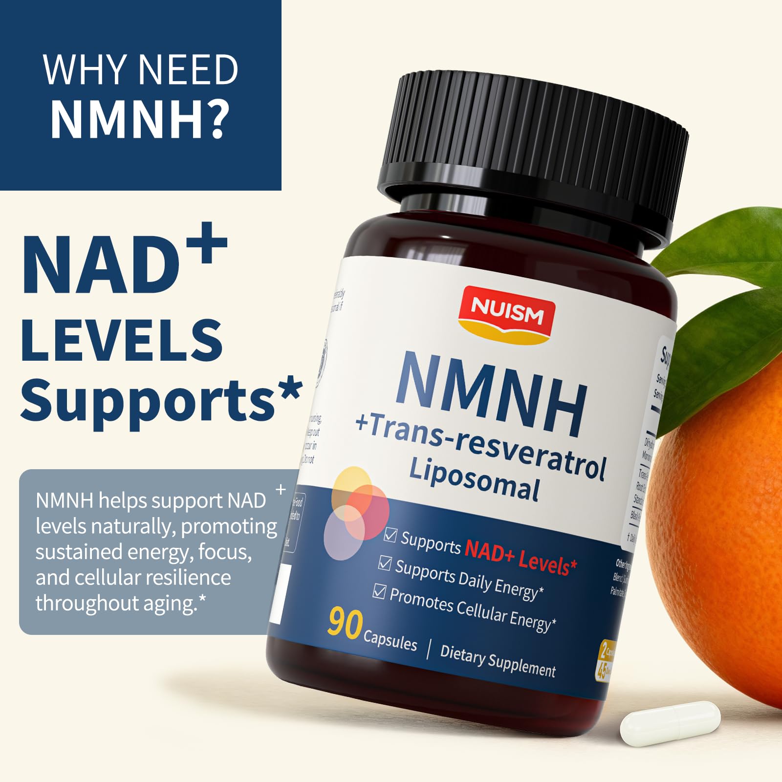 NUISM NMNH NAD+ Supplement, Liposomal 600mg NMN NAD+ and Resveratrol Complex for Cellular Energy, Healthy Aging & Metabolic Support, 90 Capsules NUISM Au supplements